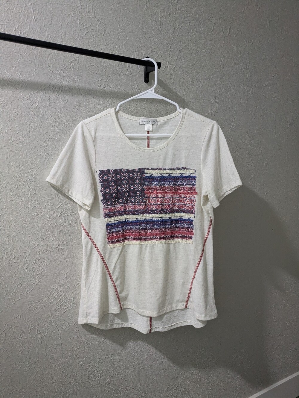 Christopher & Banks Cream Short-Sleeve Tee with Red Blue Embroidered Flag